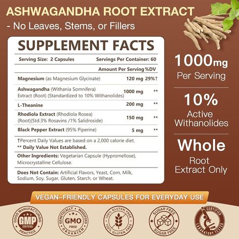 NATURE TARGET Ashwagandha Supplements for Women & Men – Ashwagandha Root Extract 1000mg with Magnesium & L-Theanine, Support Mood, Immune Health & Energy, Non-GMO, 120 Vegan Capsules in Saudi Arabia