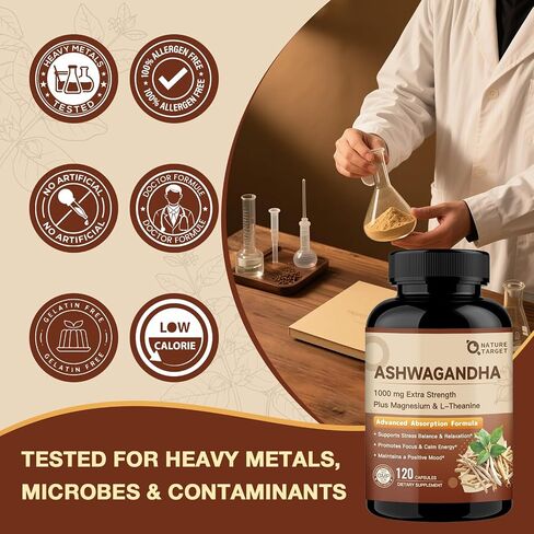 NATURE TARGET Ashwagandha Supplements for Women & Men – Ashwagandha Root Extract 1000mg with Magnesium & L-Theanine, Support Mood, Immune Health & Energy, Non-GMO, 120 Vegan Capsules in Saudi Arabia