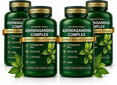 WONDER FAMILY Ashwagandha Complex Cortisol Reducer 800mg with GABA, L-Theanine & B6 – 400mg Ashwagandha per Day - Adaptogenic Support for Calm, Focus & Mood – 60 Capsules Lab-Tested in Saudi Arabia