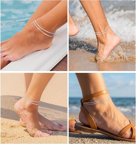Silver Ankle Bracelet for Women, Size Adjustable Anklets for Women Non-Tarnish Waterproof Sparkly for Daily Wear Beach Party in Kuwait