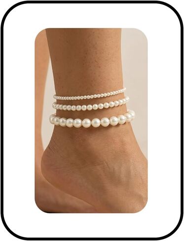 3 Layered Pearl Anklet Chain Set for Women Dainty White Stretch Pearl Beaded Ankle Bracelets Chain Vintage Stacked Pearls Anklets Chains Elegant Summer Beach Fashion Jewelry Accessaries in Saudi Arabia