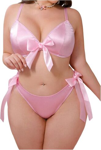 OYOANGLE Women's Plus Size 2 Piece Satin Lingerie Set Bow Wireless Bra and Panty Coquette Babydoll Lingerie in Kuwait