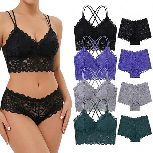 Wireless Lace Camisole Bra and Boyshorts Set - Breathable Lingerie with Adjustable Straps 4-Piece in Kuwait