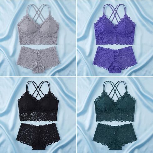 Wireless Lace Camisole Bra and Boyshorts Set - Breathable Lingerie with Adjustable Straps 4-Piece in Kuwait