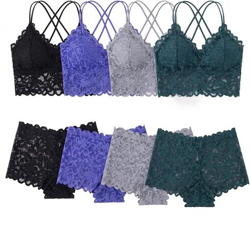 Wireless Lace Camisole Bra and Boyshorts Set - Breathable Lingerie with Adjustable Straps 4-Piece in Kuwait