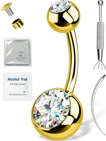 OUFER 14G Moissanite Hypoallergenic Belly Button Ring for Healing, G23 Titanium Internally Threaded Silver/18K Gold Plated Belly Piercing Jewelry with Care Kit with D Color VVS1 Clarity Brilliant Cut Stones in Kuwait