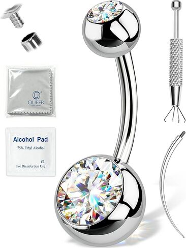 OUFER 14G Moissanite Hypoallergenic Belly Button Ring for Healing, G23 Titanium Internally Threaded Silver/18K Gold Plated Belly Piercing Jewelry with Care Kit with D Color VVS1 Clarity Brilliant Cut Stones in Kuwait