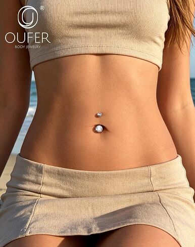 OUFER 14G Moissanite Hypoallergenic Belly Button Ring for Healing, G23 Titanium Internally Threaded Silver/18K Gold Plated Belly Piercing Jewelry with Care Kit with D Color VVS1 Clarity Brilliant Cut Stones in Kuwait
