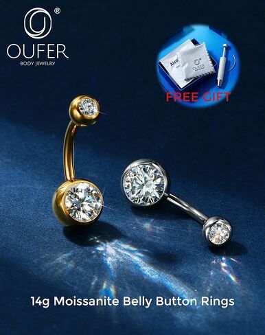 OUFER 14G Moissanite Hypoallergenic Belly Button Ring for Healing, G23 Titanium Internally Threaded Silver/18K Gold Plated Belly Piercing Jewelry with Care Kit with D Color VVS1 Clarity Brilliant Cut Stones in Kuwait