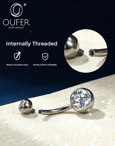 OUFER 14G Moissanite Hypoallergenic Belly Button Ring for Healing, G23 Titanium Internally Threaded Silver/18K Gold Plated Belly Piercing Jewelry with Care Kit with D Color VVS1 Clarity Brilliant Cut Stones in Kuwait