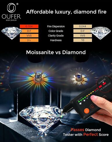 OUFER 14G Moissanite Hypoallergenic Belly Button Ring for Healing, G23 Titanium Internally Threaded Silver/18K Gold Plated Belly Piercing Jewelry with Care Kit with D Color VVS1 Clarity Brilliant Cut Stones in Kuwait