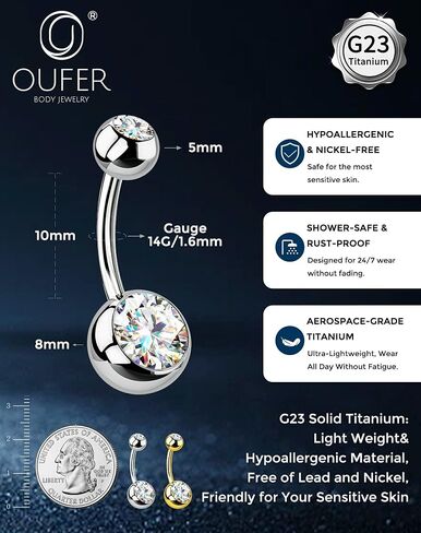 OUFER 14G Moissanite Hypoallergenic Belly Button Ring for Healing, G23 Titanium Internally Threaded Silver/18K Gold Plated Belly Piercing Jewelry with Care Kit with D Color VVS1 Clarity Brilliant Cut Stones in Kuwait
