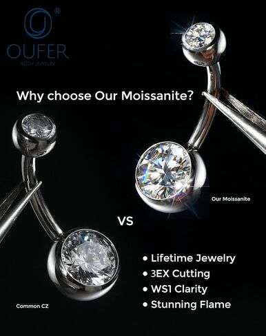 OUFER 14G Moissanite Hypoallergenic Belly Button Ring for Healing, G23 Titanium Internally Threaded Silver/18K Gold Plated Belly Piercing Jewelry with Care Kit with D Color VVS1 Clarity Brilliant Cut Stones in Kuwait