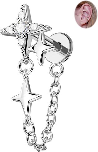 CM Crareesi Mania 16G Chain Helix Piercing Jewelry, 16G Star Cartilage Earrings, 316L Stainless Steel Flat Back Push-Pin Hidden Helix Earring in Kuwait