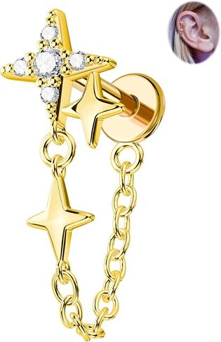CM Crareesi Mania 16G Chain Helix Piercing Jewelry, 16G Star Cartilage Earrings, 316L Stainless Steel Flat Back Push-Pin Hidden Helix Earring in Kuwait