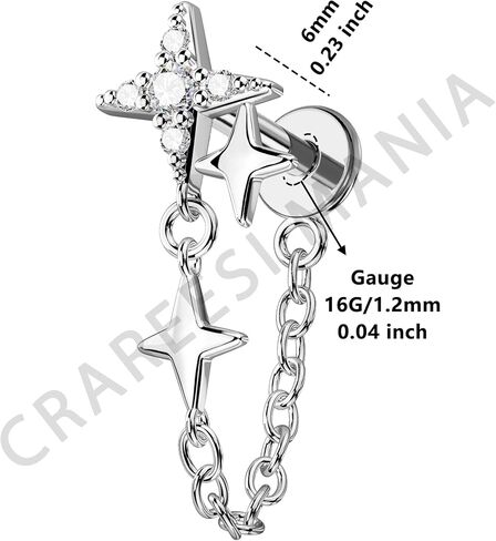 CM Crareesi Mania 16G Chain Helix Piercing Jewelry, 16G Star Cartilage Earrings, 316L Stainless Steel Flat Back Push-Pin Hidden Helix Earring in Kuwait