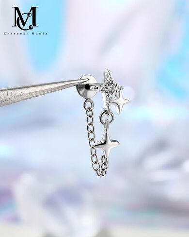 CM Crareesi Mania 16G Chain Helix Piercing Jewelry, 16G Star Cartilage Earrings, 316L Stainless Steel Flat Back Push-Pin Hidden Helix Earring in Kuwait