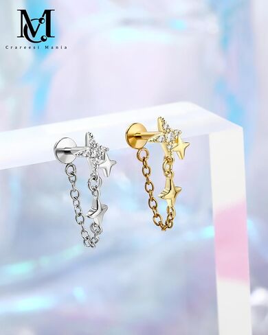 CM Crareesi Mania 16G Chain Helix Piercing Jewelry, 16G Star Cartilage Earrings, 316L Stainless Steel Flat Back Push-Pin Hidden Helix Earring in Kuwait