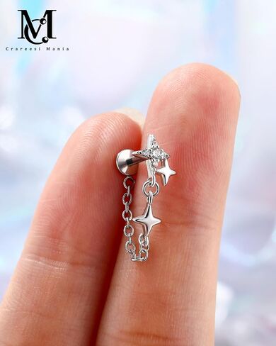 CM Crareesi Mania 16G Chain Helix Piercing Jewelry, 16G Star Cartilage Earrings, 316L Stainless Steel Flat Back Push-Pin Hidden Helix Earring in Kuwait