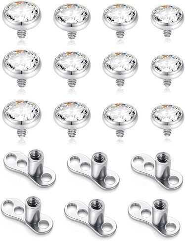Tornito Dermal Anchor Tops and Base 14G Stainless Steel Microdermals Body Piercing Jewelry Punk Internally Threaded CZ Tops Surface Skin Piercing Studs for Women Men Silver Plated 2.5mm 3mm 4mm 5mm in Kuwait