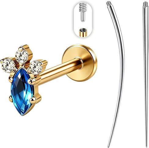PunkTracker 16G Titanium Internally Threaded Flat Back Lip Labret Cartilage Earrings Studs with Insertion Taper Tool, Extended Thread Stud Piercing Jewelry for Women and Men, Silver & Gold in Kuwait