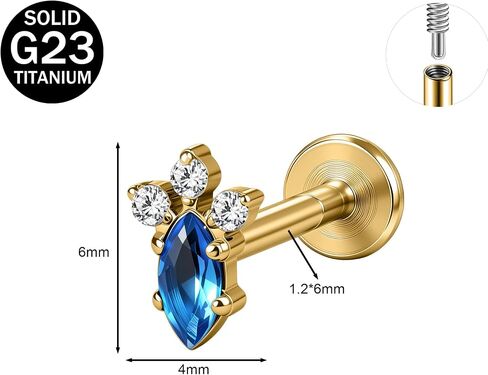 PunkTracker 16G Titanium Internally Threaded Flat Back Lip Labret Cartilage Earrings Studs with Insertion Taper Tool, Extended Thread Stud Piercing Jewelry for Women and Men, Silver & Gold in Kuwait