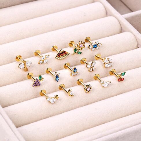 PunkTracker 16G Titanium Internally Threaded Flat Back Lip Labret Cartilage Earrings Studs with Insertion Taper Tool, Extended Thread Stud Piercing Jewelry for Women and Men, Silver & Gold in Kuwait