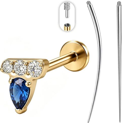PunkTracker 16G Titanium Internally Threaded Flat Back Lip Labret Cartilage Earrings Studs with Insertion Taper Tool, Extended Thread Stud Piercing Jewelry for Women and Men, Silver & Gold in Kuwait