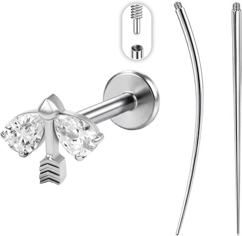 PunkTracker 16G Titanium Internally Threaded Flat Back Lip Labret Cartilage Earrings Studs with Insertion Taper Tool, Extended Thread Stud Piercing Jewelry for Women and Men, Silver & Gold in Kuwait