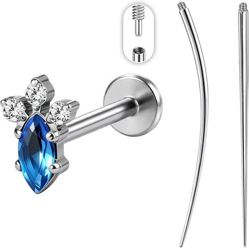 PunkTracker 16G Titanium Internally Threaded Flat Back Lip Labret Cartilage Earrings Studs with Insertion Taper Tool, Extended Thread Stud Piercing Jewelry for Women and Men, Silver & Gold in Kuwait