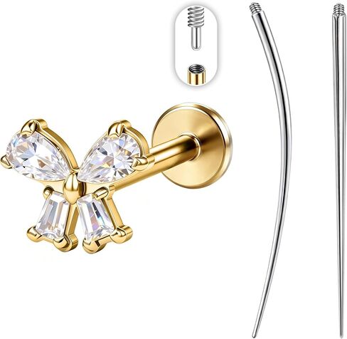 PunkTracker 16G Titanium Internally Threaded Flat Back Lip Labret Cartilage Earrings Studs with Insertion Taper Tool, Extended Thread Stud Piercing Jewelry for Women and Men, Silver & Gold in Kuwait