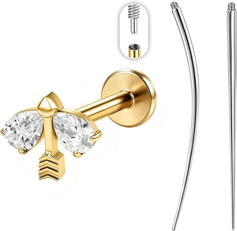 PunkTracker 16G Titanium Internally Threaded Flat Back Lip Labret Cartilage Earrings Studs with Insertion Taper Tool, Extended Thread Stud Piercing Jewelry for Women and Men, Silver & Gold in Kuwait