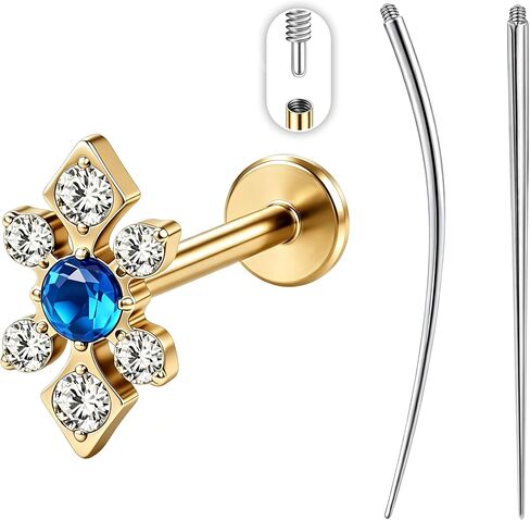 PunkTracker 16G Titanium Internally Threaded Flat Back Lip Labret Cartilage Earrings Studs with Insertion Taper Tool, Extended Thread Stud Piercing Jewelry for Women and Men, Silver & Gold in Kuwait