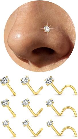 Titanium Nose Rings Studs for Sensitive Skin, 9PCS 20G Gold Nose Studs Set for Women Men – Straight Nose Stud, L Shaped & Corkscrew Nose Rings, Diamond CZ, 2mm 2.5mm 3mm, Nose Piercing Jewelry in Saudi Arabia