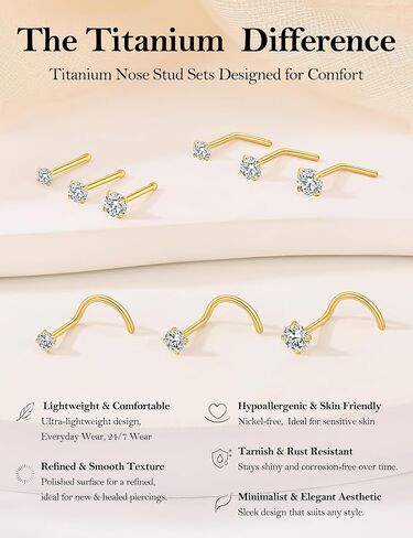 Titanium Nose Rings Studs for Sensitive Skin, 9PCS 20G Gold Nose Studs Set for Women Men – Straight Nose Stud, L Shaped & Corkscrew Nose Rings, Diamond CZ, 2mm 2.5mm 3mm, Nose Piercing Jewelry in Saudi Arabia