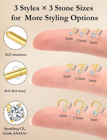 Titanium Nose Rings Studs for Sensitive Skin, 9PCS 20G Gold Nose Studs Set for Women Men – Straight Nose Stud, L Shaped & Corkscrew Nose Rings, Diamond CZ, 2mm 2.5mm 3mm, Nose Piercing Jewelry in Saudi Arabia