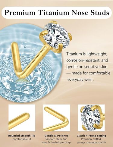 Titanium Nose Rings Studs for Sensitive Skin, 9PCS 20G Gold Nose Studs Set for Women Men – Straight Nose Stud, L Shaped & Corkscrew Nose Rings, Diamond CZ, 2mm 2.5mm 3mm, Nose Piercing Jewelry in Saudi Arabia