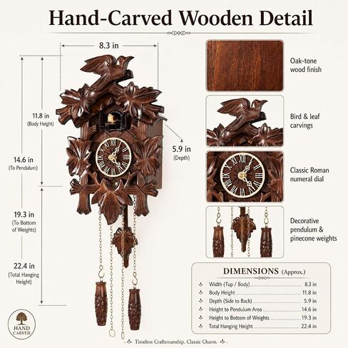 Cuckoo Clock, Black Forest Style Wooden Pendulum Quartz Wall Clock, Volume Control, Night Silent, Gift Package, Professional Service in Saudi Arabia