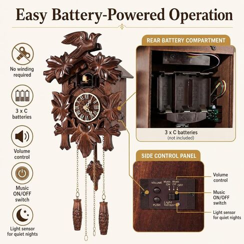 Cuckoo Clock, Black Forest Style Wooden Pendulum Quartz Wall Clock, Volume Control, Night Silent, Gift Package, Professional Service in Saudi Arabia