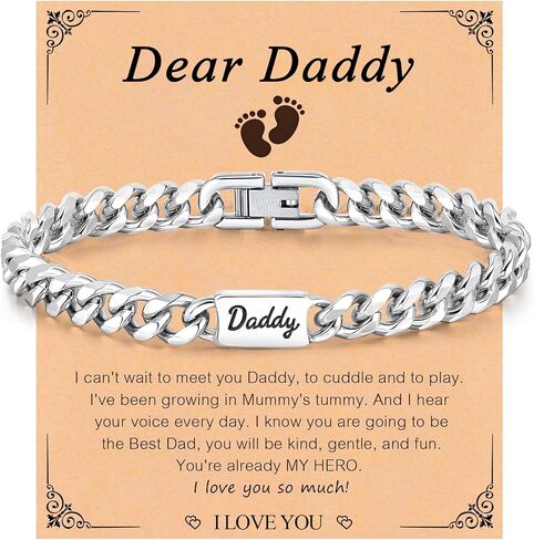 Father's Day Bracelet for Dad/New Dad/Daddy/Papa/Stepdad - Stainless Steel Cuban Chain Link Men's Bracelet Gifts Classic Hip Hop Anniversary Personalized Jewelry Gifts for Him Men Husband Boyfriend in Saudi Arabia