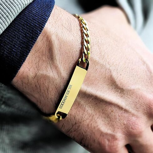 Going Golden Men’s Personalized 18K PVD Gold Plated Stainless Steel Bracelet – Custom Engraved Name Plate, Tarnish-Resistant Men’s Gold ID Bracelet, 7.5" Gift for Him in Kuwait
