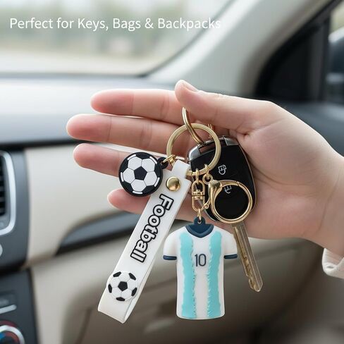 Number #10 Argentina Soccer Keychain Jersey Style, White and Blue Soccer Keyring with Mini Ball & Strap, Silicone Boys Keychains for Backpacks & Sports Fan Collectibles, Ideal Worlde Cup Gift in Kuwait