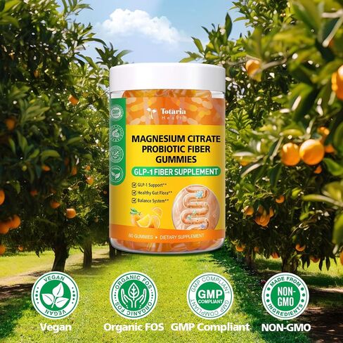 15-in-1 Magnesium Citrate Fiber Gummies with Probiotic Prebiotic for Digestion, Fiber Supplement with Magnesium Citrate 300mg, Apple Cider Vinegar 500mg, Acacia, B6, B12, 60 Orange Vegan Gummies in Kuwait