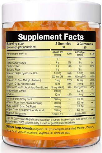 15-in-1 Magnesium Citrate Fiber Gummies with Probiotic Prebiotic for Digestion, Fiber Supplement with Magnesium Citrate 300mg, Apple Cider Vinegar 500mg, Acacia, B6, B12, 60 Orange Vegan Gummies in Kuwait