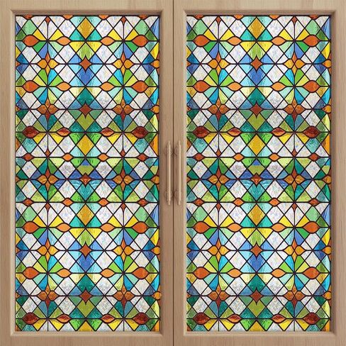 Retro Stained Glass Window Privacy Film, Geometric Decorative Window Sticker Static Cling, Removable UV Blocking Vinyl for Home Office Car Sunroof, 18 x 79 in in Kuwait