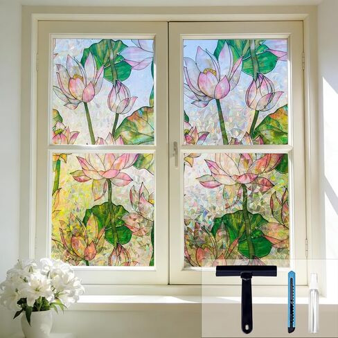 Lotus Window Privacy Film, Stained Glass Rainbow Window Film, Decorative Static Cling Frosted Glass Film, No Glue Privacy Window Cling for Bathroom Home UV Blocking, 17.5''x78.7 in Kuwait
