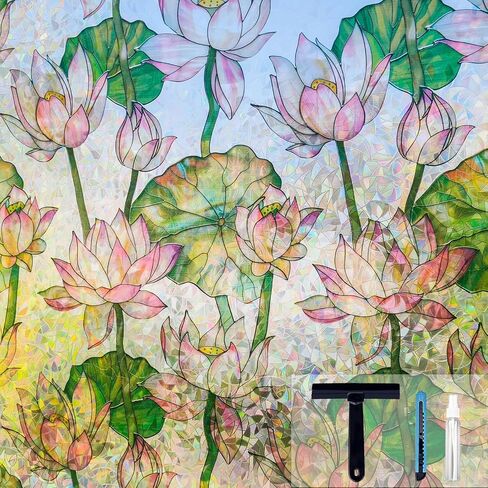 Lotus Window Privacy Film, Stained Glass Rainbow Window Film, Decorative Static Cling Frosted Glass Film, No Glue Privacy Window Cling for Bathroom Home UV Blocking, 17.5''x78.7 in Kuwait