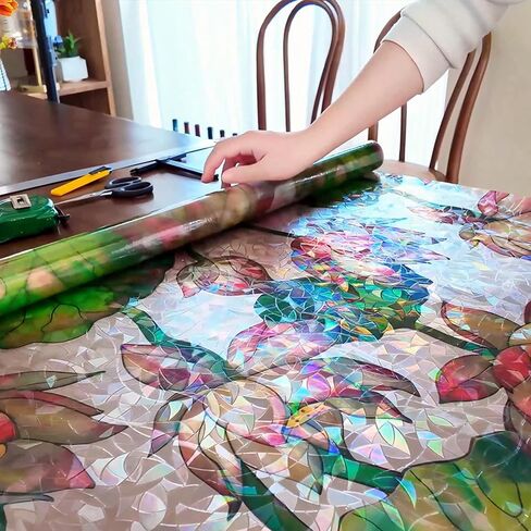 Lotus Window Privacy Film, Stained Glass Rainbow Window Film, Decorative Static Cling Frosted Glass Film, No Glue Privacy Window Cling for Bathroom Home UV Blocking, 17.5''x78.7 in Kuwait