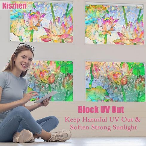 Lotus Window Privacy Film, Stained Glass Rainbow Window Film, Decorative Static Cling Frosted Glass Film, No Glue Privacy Window Cling for Bathroom Home UV Blocking, 17.5''x78.7 in Kuwait