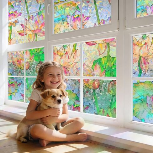 Lotus Window Privacy Film, Stained Glass Rainbow Window Film, Decorative Static Cling Frosted Glass Film, No Glue Privacy Window Cling for Bathroom Home UV Blocking, 17.5''x78.7 in Kuwait
